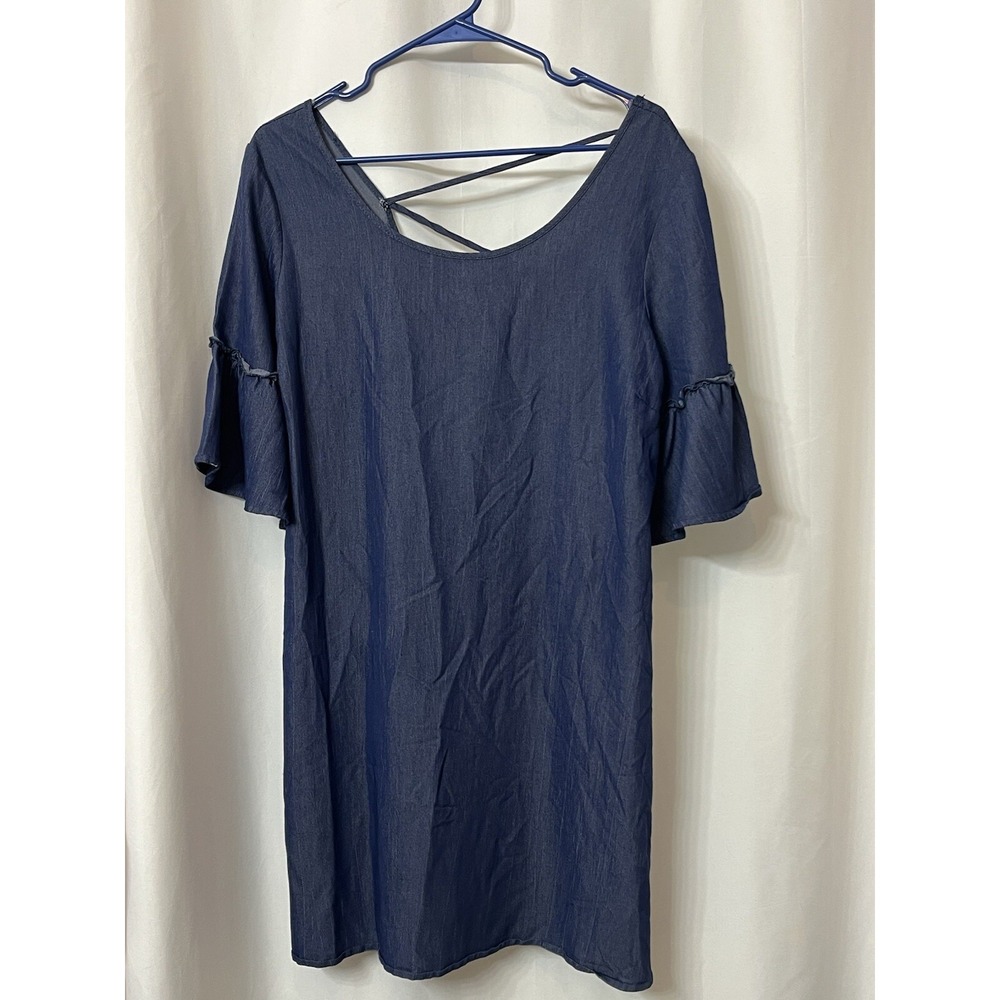 Naif Womens PL Denim Chambray Bell Sleeve Dress Criss Cross Back Blue (B74)